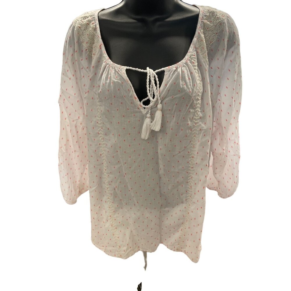 J. Crew Womens White Coral Polka Dot Peasant Blouse Embroidered Details Size L